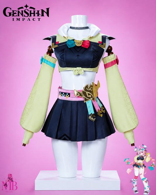 Genshin Impact Yaoyao cosplay costume displayed on the official MBCosplay premium glossy white mannequin with ultra-realistic studio lighting, front view, pastel pink background.