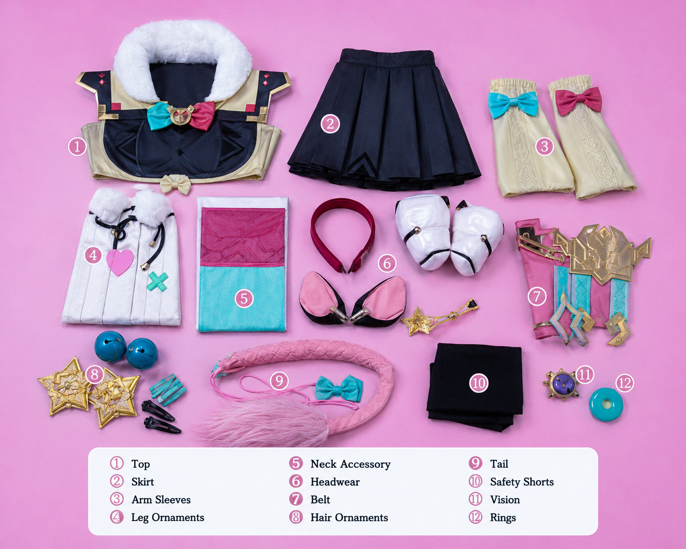 Everything included with the Genshin Impact Yaoyao cosplay costume including top, skirt, arm sleeves, leg accessories, headwear, belt, hair accessories, tail, safety shorts, Vision accessory and rings, arranged in a premium flat lay on MBCosplay’s signature pastel pink background.