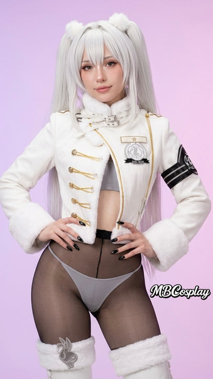 Blanc Fortune Express cosplay from Goddess of Victory Nikke worn by a model, featuring a white military-inspired cropped jacket with faux fur trim, gold accents, black armband, sheer black tights, white thigh-high boots and long silver-white twin-tail wig. High-quality cosplay costume available from MBCosplay.