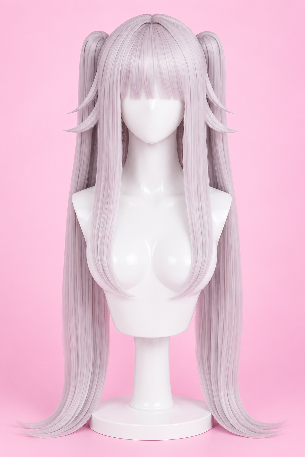 Blanc long silver wig front view for Goddess of Victory Nikke Blanc White Angel Bunny Cosplay Costume Lingerie – Anime Devil Wing Outfit Set