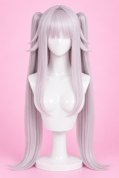Blanc long silver wig front view for Goddess of Victory Nikke Blanc White Angel Bunny Cosplay Costume Lingerie – Anime Devil Wing Outfit Set