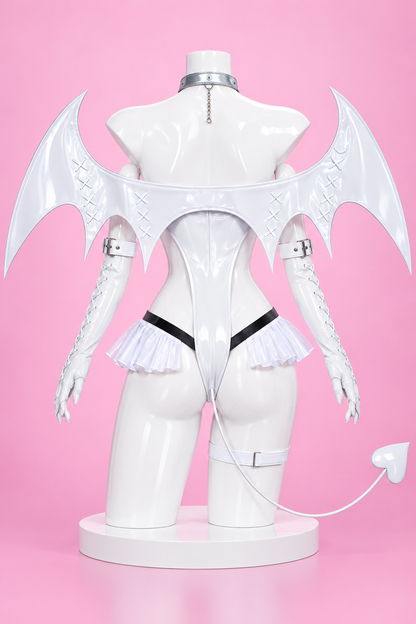 Blanc white angel bunny costume back view for Goddess of Victory Nikke Blanc White Angel Bunny Cosplay Costume Lingerie – Anime Devil Wing Outfit Set