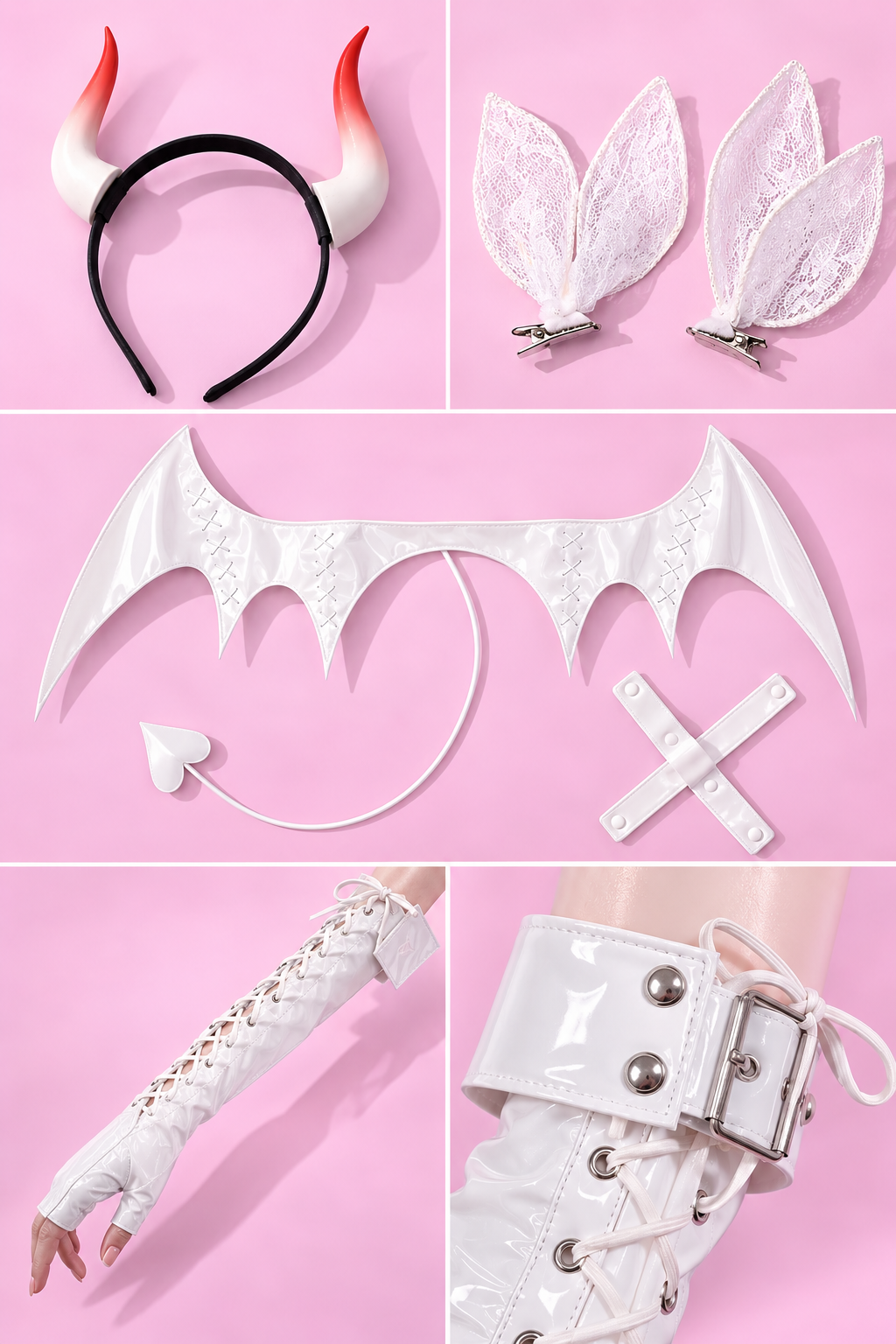 Goddess of Victory Nikke Blanc White Angel Bunny Cosplay Costume Lingerie – Anime Devil Wing Outfit Set showing Blanc wing horn and accessory set