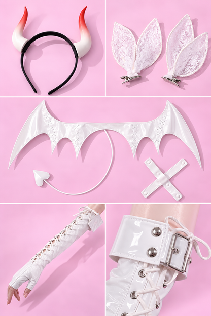 Goddess of Victory Nikke Blanc White Angel Bunny Cosplay Costume Lingerie – Anime Devil Wing Outfit Set showing Blanc wing horn and accessory set