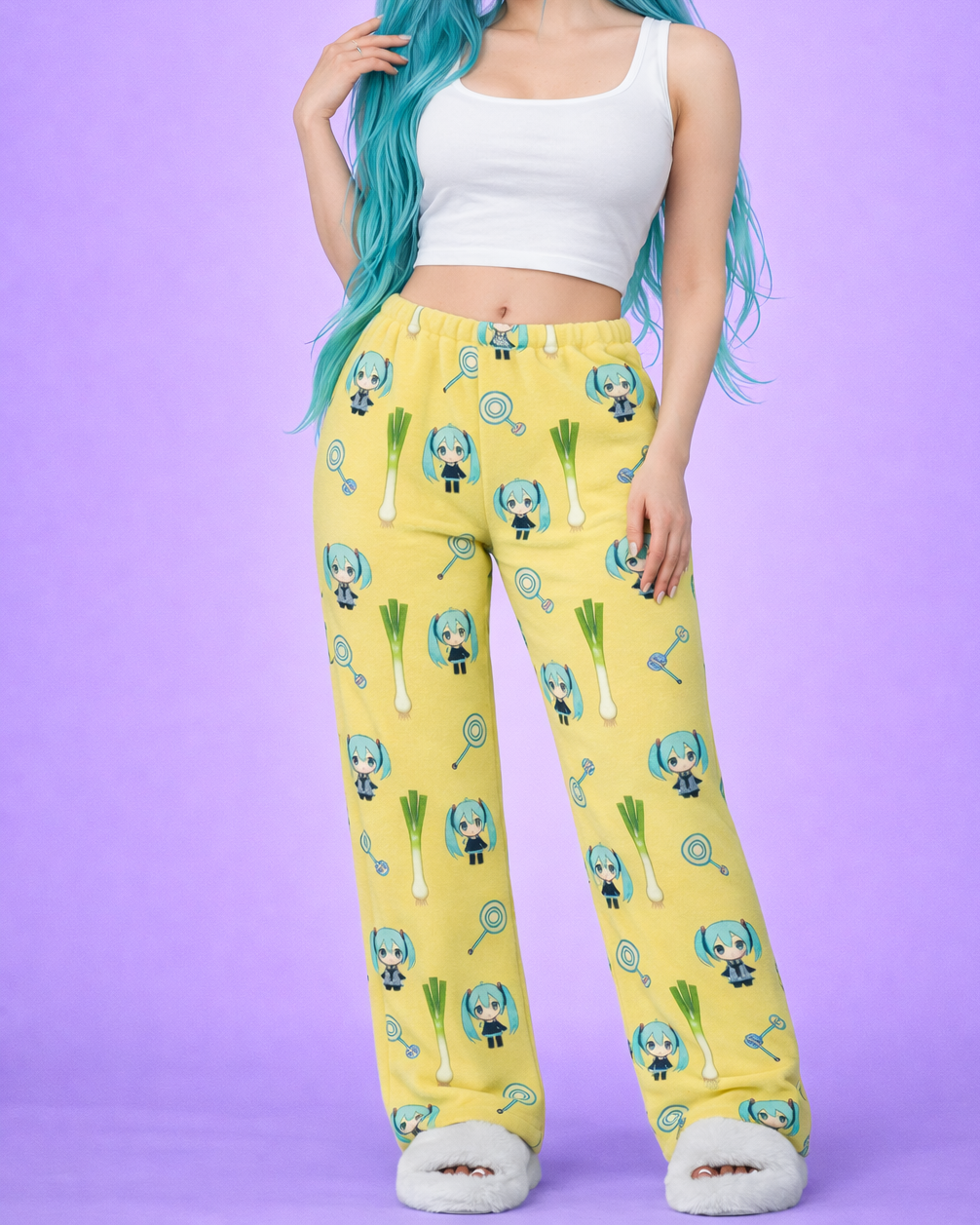Mbstudio orginals model wearing yellow pyjama pants for Hatsune Miku Chibi Style Flannel Pyjama Pants Lounge Wear|MBstudio Orginals
