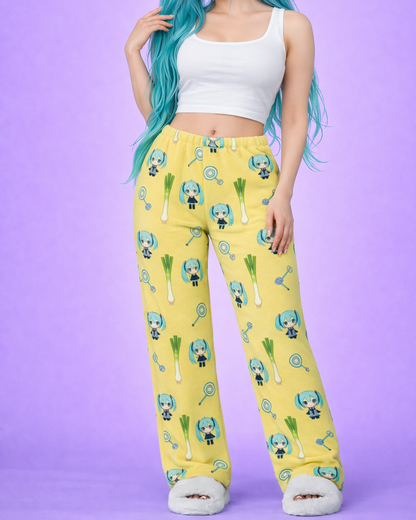 Mbstudio orginals model wearing yellow pyjama pants for Hatsune Miku Chibi Style Flannel Pyjama Pants Lounge Wear|MBstudio Orginals
