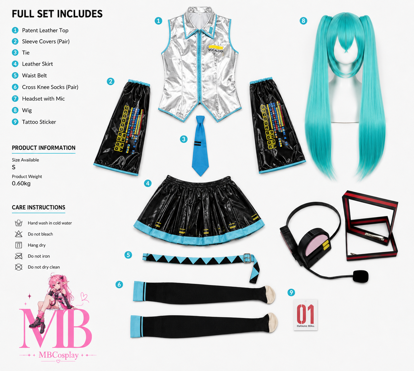 Hatsune Miku cosplay costume package includes metallic silver top, pleated skirt, tie, detached sleeves, waist belt, knee socks and tattoo sticker.