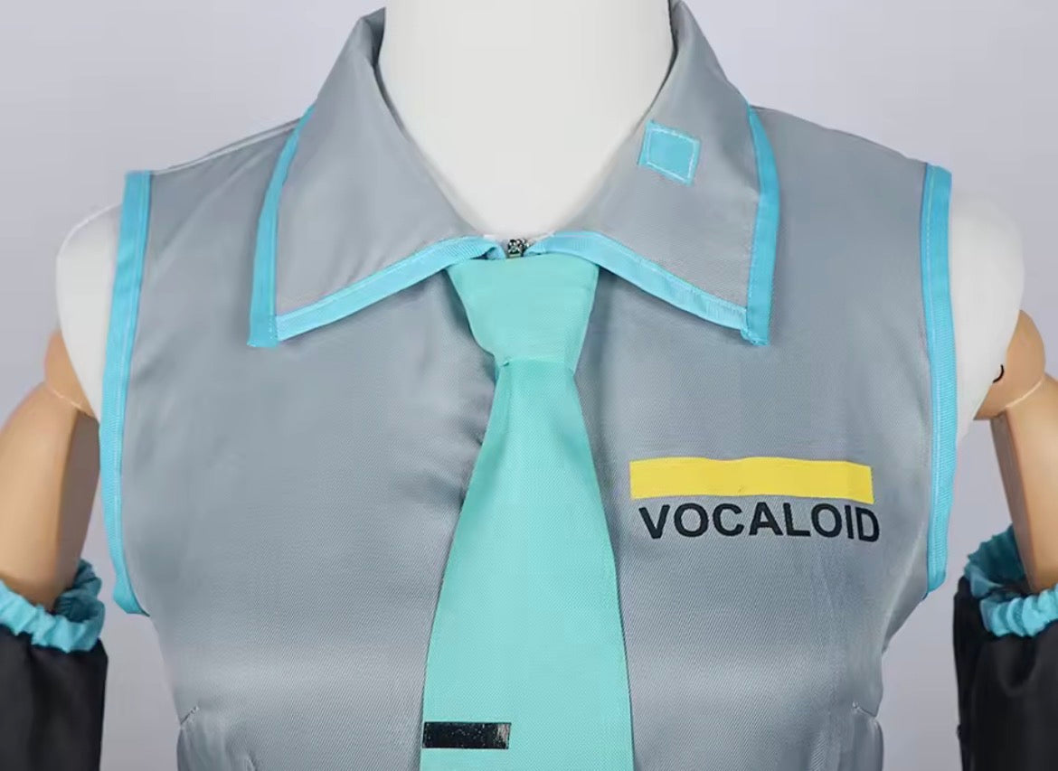 Close up detail of Hatsune Miku cosplay costume top and tie