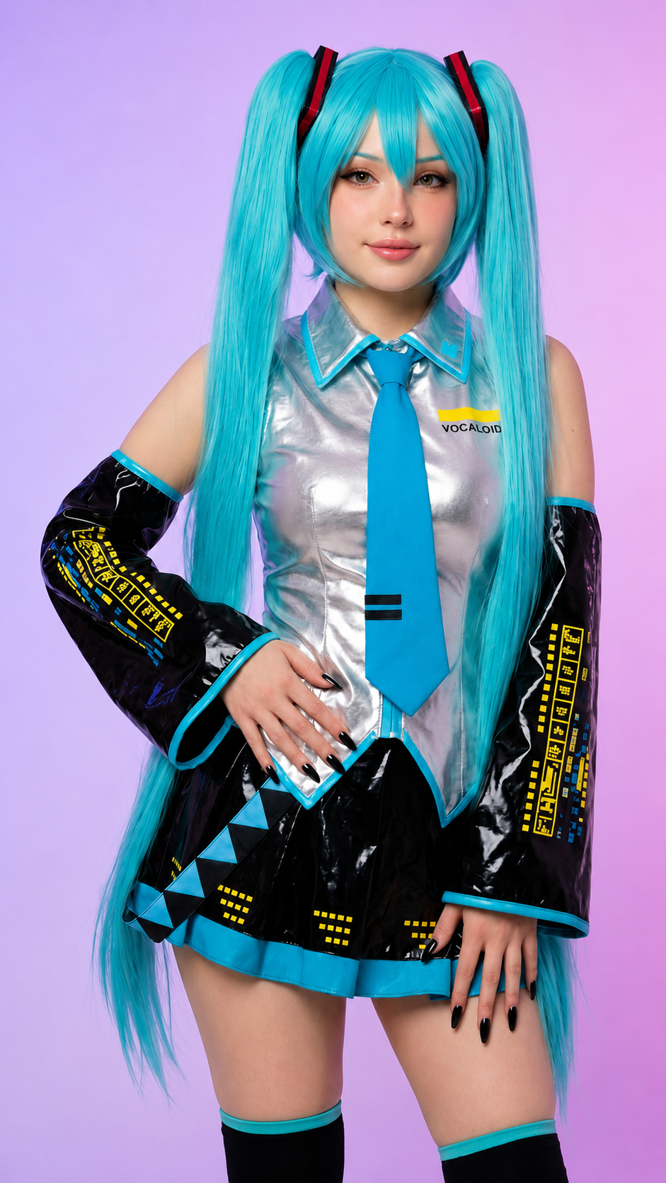 Model wearing Hatsune Miku Vocaloid cosplay costume with long turquoise twin-tail wig, perfect for Comic Con, anime conventions and cosplay photography.