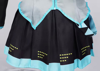 Close up of Hatsune Miku cosplay pleated skirt detail
