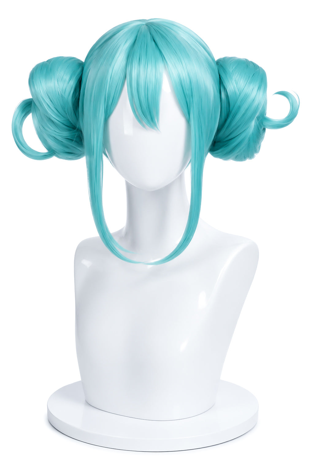 Hatsune Miku Good Smile Racing aqua twin bun cosplay wig displayed on the MBCosplay premium mannequin bust.