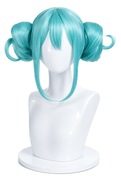 Hatsune Miku Good Smile Racing aqua twin bun cosplay wig displayed on the MBCosplay premium mannequin bust.