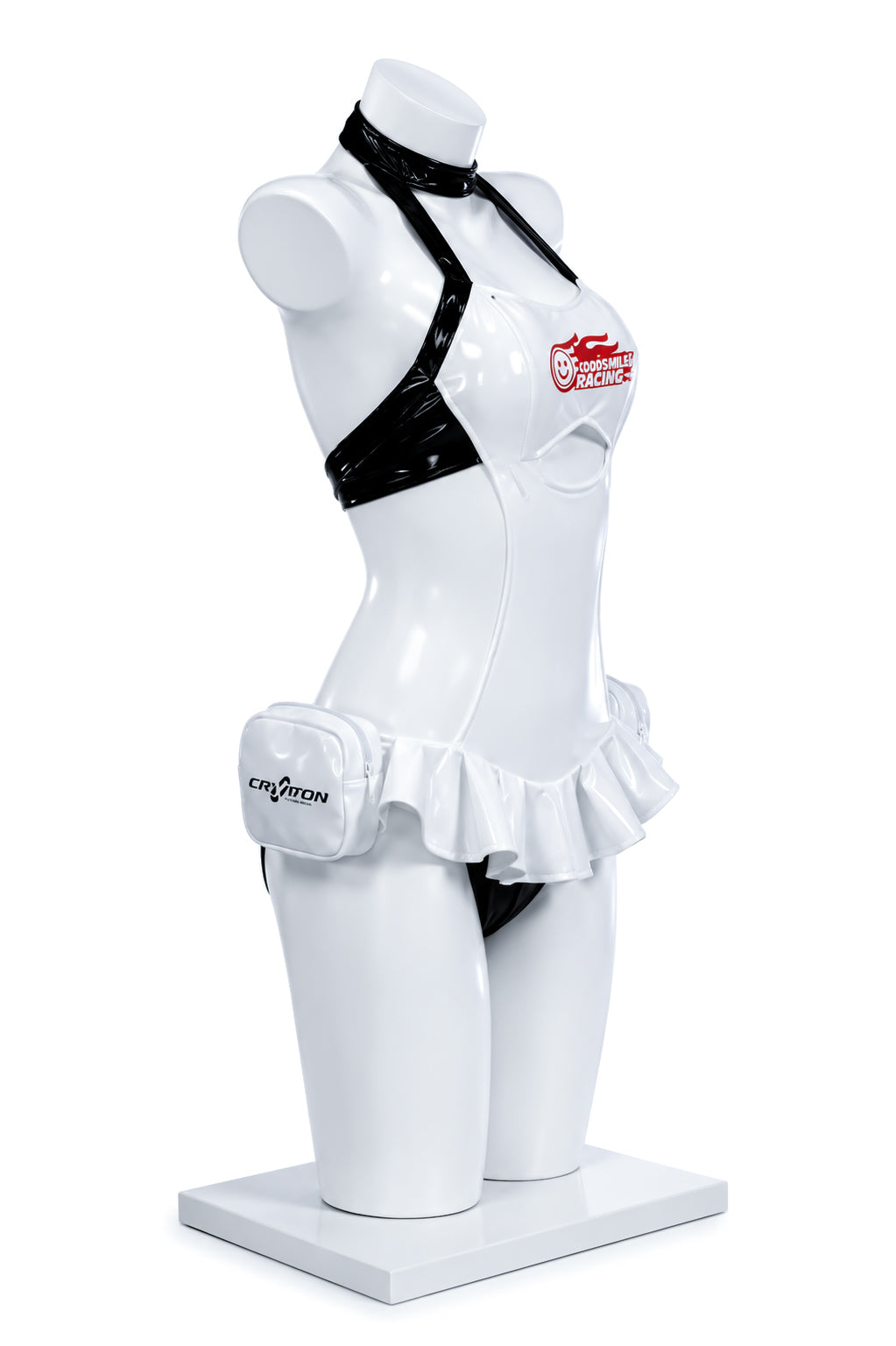 Back view of the Hatsune Miku Good Smile Racing swimsuit cosplay costume displayed on the MBCosplay premium white mannequin.