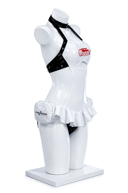 Back view of the Hatsune Miku Good Smile Racing swimsuit cosplay costume displayed on the MBCosplay premium white mannequin.