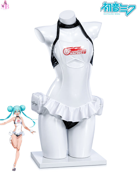Hatsune Miku Good Smile Racing swimsuit cosplay costume front view displayed on the MBCosplay premium white mannequin.
