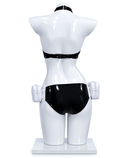 Side view of the Hatsune Miku Good Smile Racing swimsuit cosplay costume on the MBCosplay premium display mannequin.