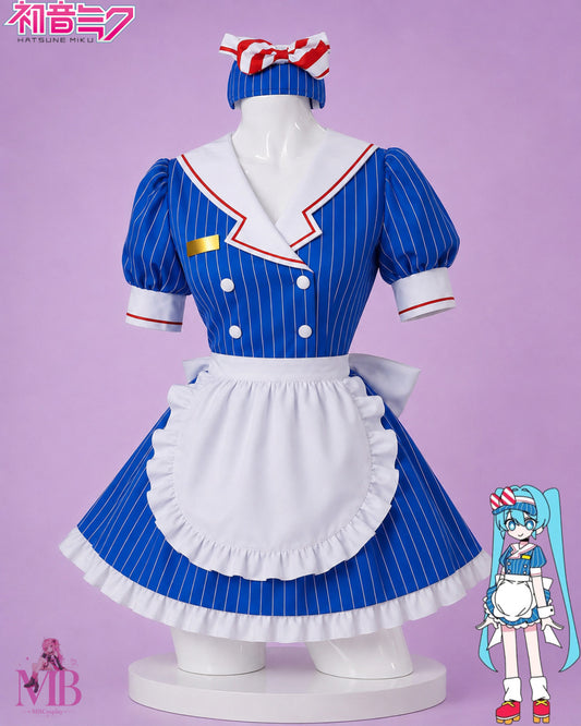 Blue maid dress with white apron front view for Hatsune Miku Mesmerizer maid Cosplay Costume