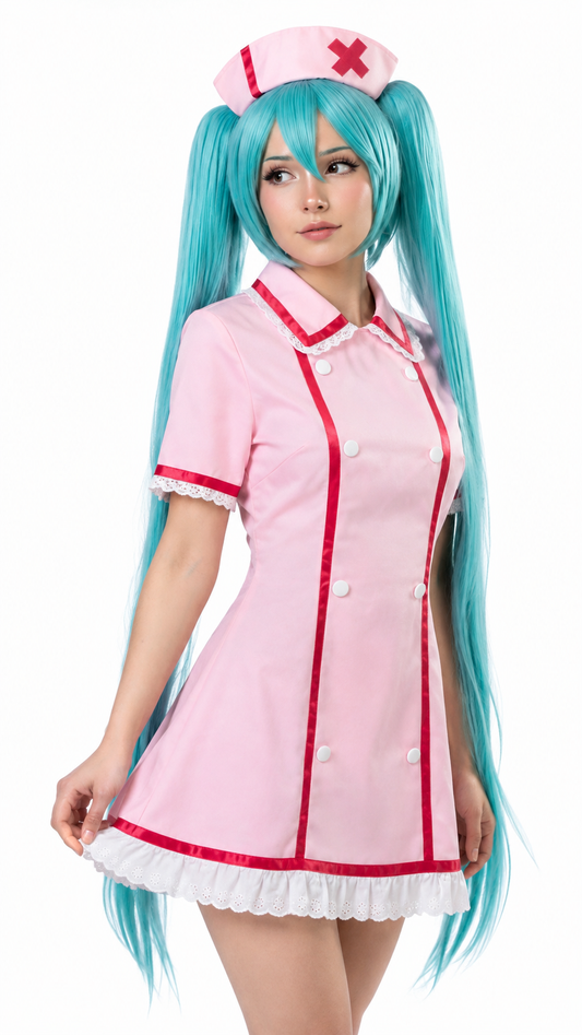 Model wearing Hatsune Miku nurse cosplay costume with pink nurse dress, matching hat and turquoise twin-tail wig on a white studio background.