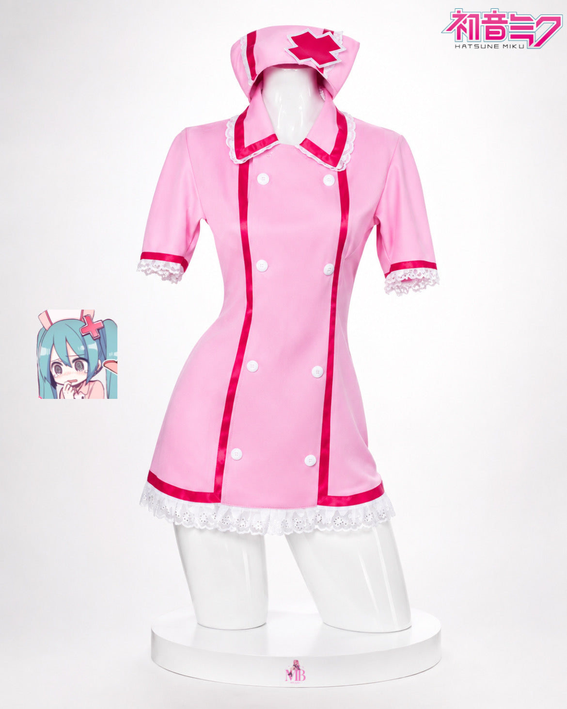 Pink nurse dress front view with matching cap for Hatsune Miku Pink Nurse Cosplay Costume