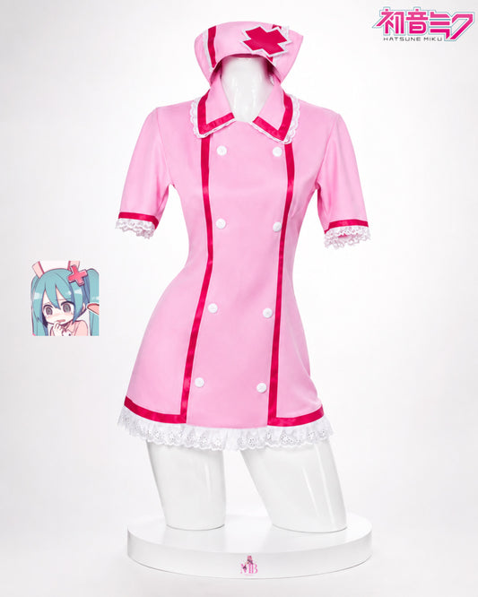 Pink nurse dress front view with matching cap for Hatsune Miku Pink Nurse Cosplay Costume
