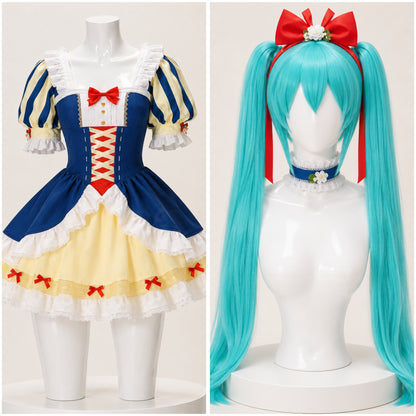 Hatsune Miku princess cosplay costume in blue, yellow and red with matching turquoise twin-tail wig shown separately