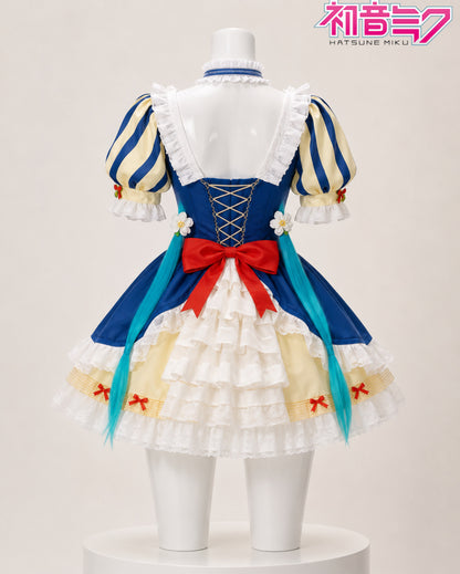 Back view of Hatsune Miku Snow White Princess cosplay costume showing lace-up bodice, red bow and layered skirt