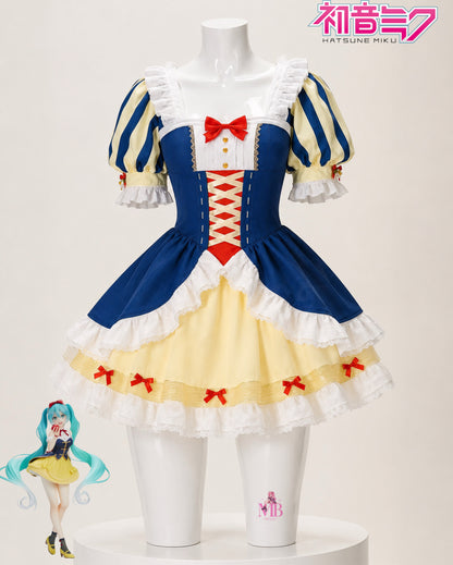 Hatsune Miku Snow White Princess cosplay costume with blue bodice, yellow skirt, red bows and white lace details