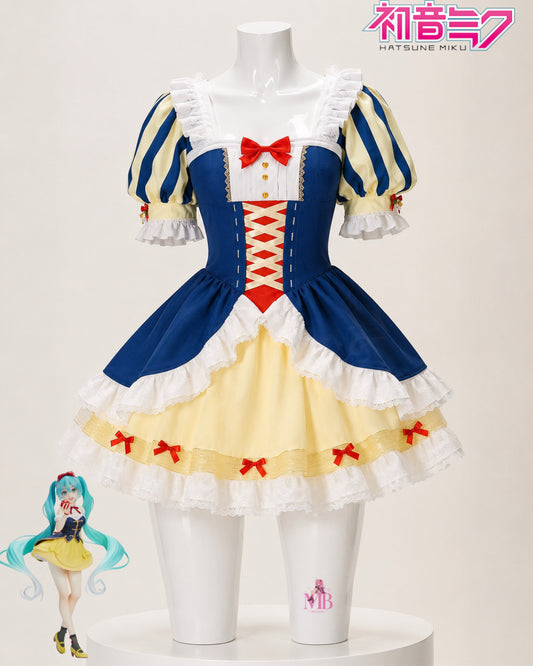 Hatsune Miku Snow White Princess cosplay costume with blue bodice, yellow skirt, red bows and white lace details
