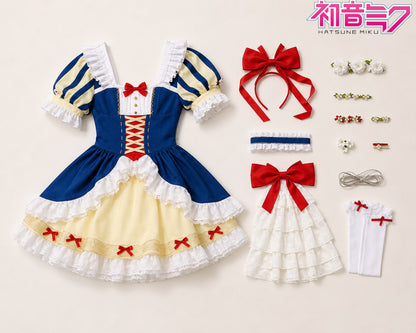 Hatsune Miku Snow White Princess cosplay costume set with dress, red bow headband, choker, socks and coordinating accessories