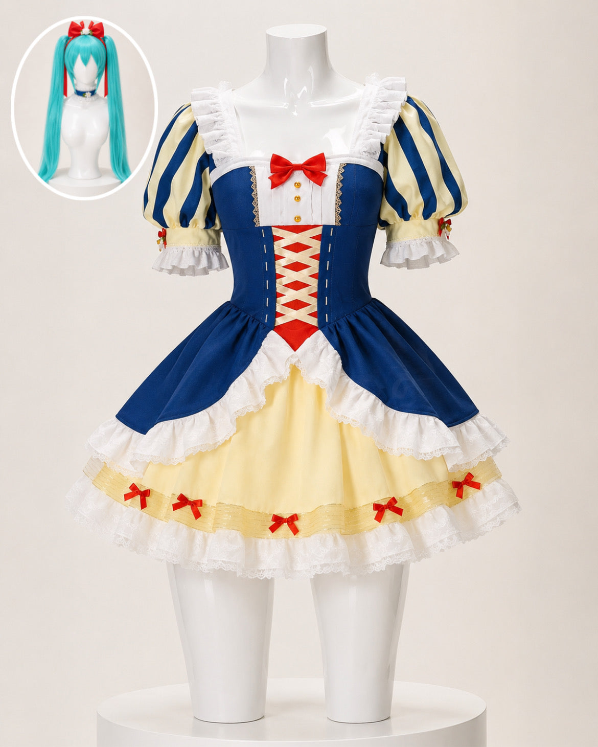 Long turquoise Hatsune Miku twin-tail cosplay wig with red bow headband and blue floral choker