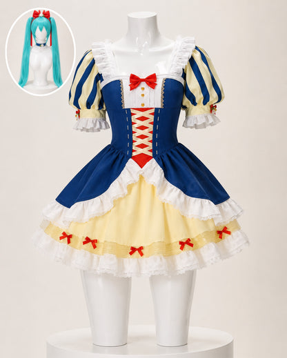 Long turquoise Hatsune Miku twin-tail cosplay wig with red bow headband and blue floral choker