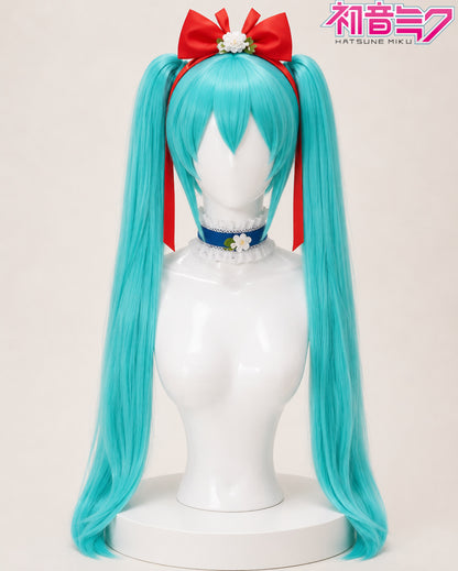 Hatsune Miku Snow White Princess cosplay dress and turquoise twin-tail character wig displayed separately