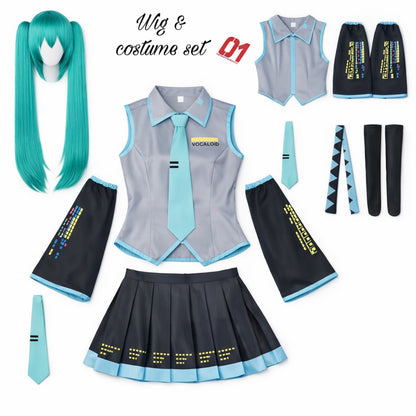 Hatsune Miku Vocaloid Cosplay Costume Set – Anime School Idol Outfit with Wig Option Hatsune Miku costume and teal wig full-set layout