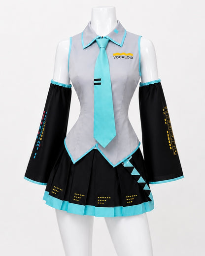 Hatsune Miku Vocaloid Cosplay Costume Set – Anime School Idol Outfit with Wig Option Hatsune Miku silver teal and black school idol outfit front view