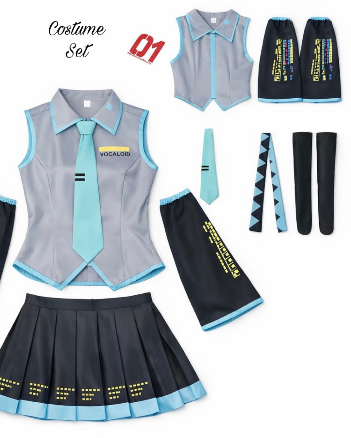 Hatsune Miku Vocaloid Cosplay Costume Set – Anime School Idol Outfit with Wig Option Vocaloid costume pieces flat lay