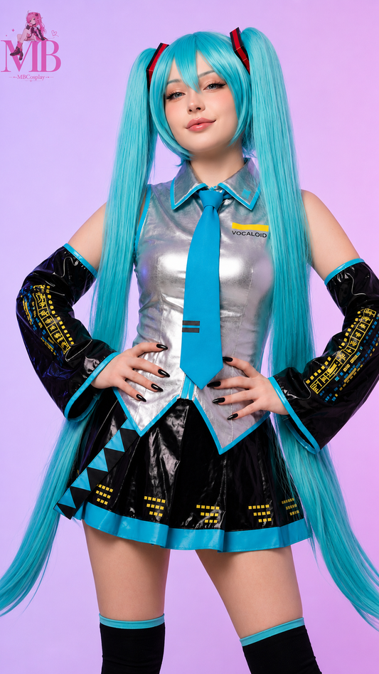 Hatsune Miku Vocaloid cosplay costume full set with metallic silver top, pleated skirt, turquoise tie, detached sleeves and knee socks – premium anime cosplay costume.