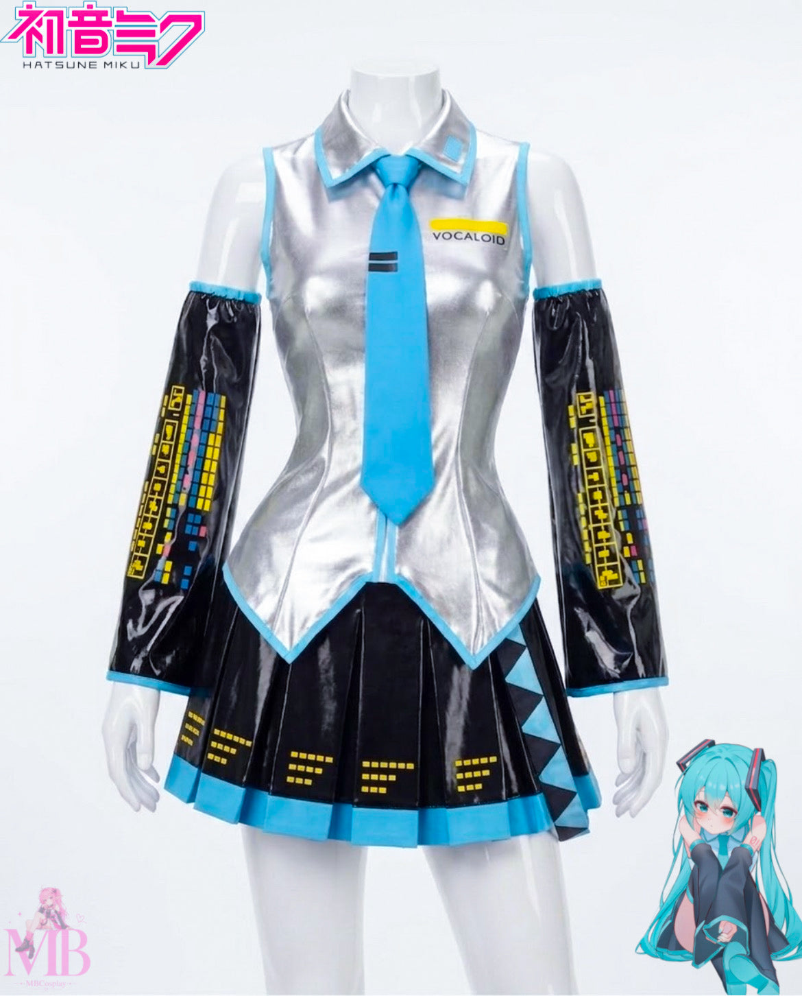 Hatsune Miku Vocaloid Cosplay Costume – Full Set + Optional Wig Hatsune Miku silver black and teal costume front view