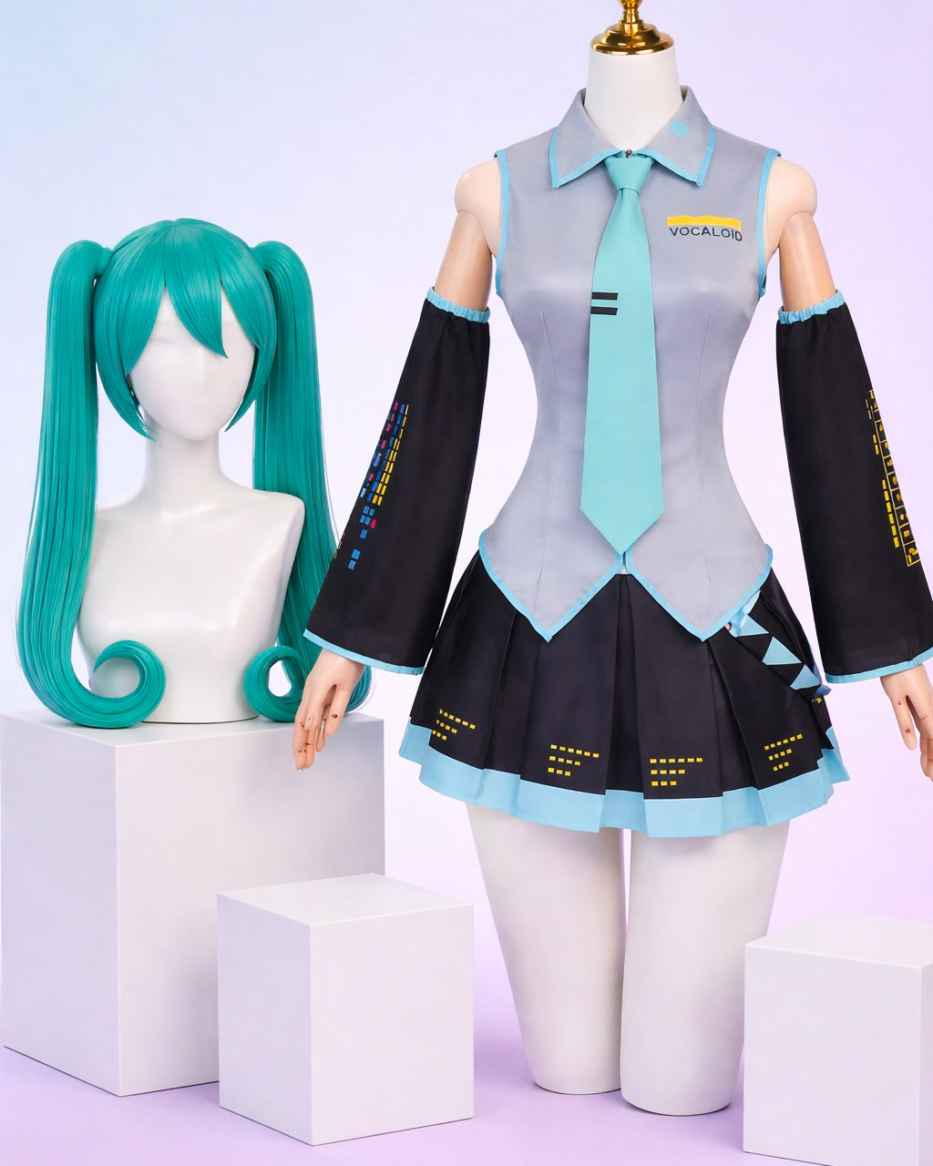 Hatsune Miku cosplay costume displayed on mannequin with teal twin tail wig