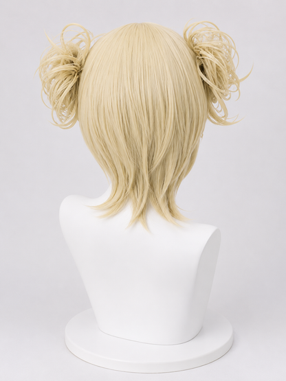 Back view of the Himiko Toga cosplay wig from My Hero Academia showcasing platinum blonde layered synthetic fibres, signature messy twin buns and realistic styling displayed on the MBCosplay signature white mannequin bust in professional commercial studio lighting.
