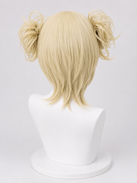 Back view of the Himiko Toga cosplay wig from My Hero Academia showcasing platinum blonde layered synthetic fibres, signature messy twin buns and realistic styling displayed on the MBCosplay signature white mannequin bust in professional commercial studio lighting.