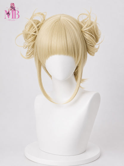 Himiko Toga cosplay wig from My Hero Academia featuring platinum blonde messy twin buns, blunt anime bangs and long face-framing strands displayed on the MBCosplay signature white mannequin bust with premium commercial studio lighting, perfect for anime cosplay, conventions and photoshoots.
