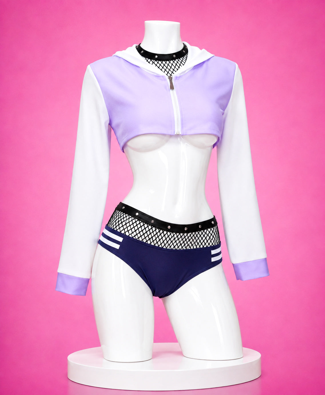 Front view of Hinata Hyuga summer jacket swimsuit cosplay