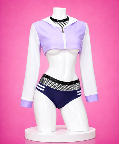 Front view of Hinata Hyuga summer jacket swimsuit cosplay