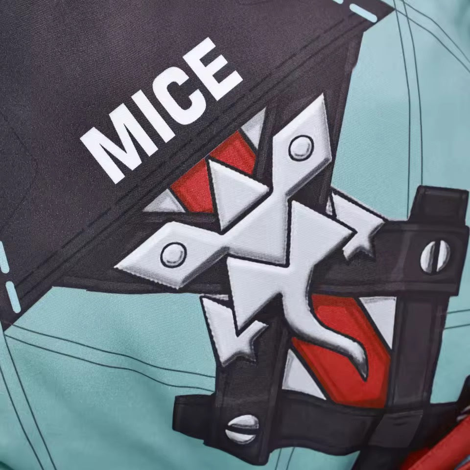 Close-up of Jane Doe cosplay costume chest emblem, tie detail and tactical strap design from Zenless Zone Zero.
