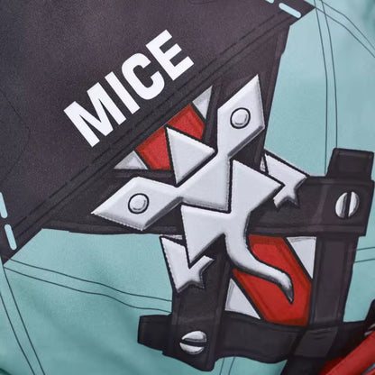 Close-up of Jane Doe cosplay costume chest emblem, tie detail and tactical strap design from Zenless Zone Zero.
