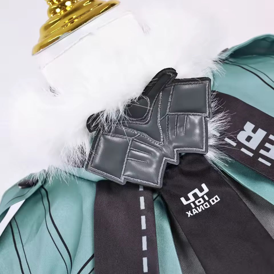 Detailed view of Jane Doe cosplay jacket collar featuring faux fur trim and neck accessory from Zenless Zone Zero.