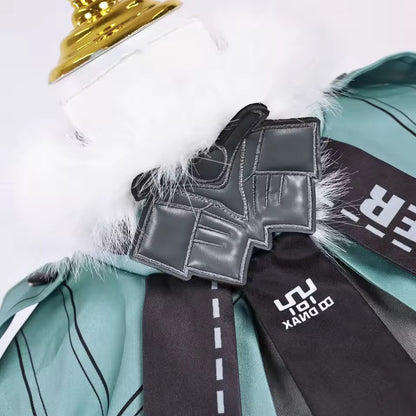 Detailed view of Jane Doe cosplay jacket collar featuring faux fur trim and neck accessory from Zenless Zone Zero.