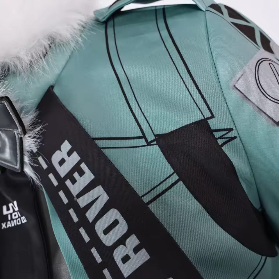 Close-up of Jane Doe cosplay jacket showing premium fabric texture, tactical straps and character-accurate detailing from Zenless Zone Zero.