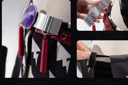 Collage of a belt with red tassels and a purple label, held by a hand.