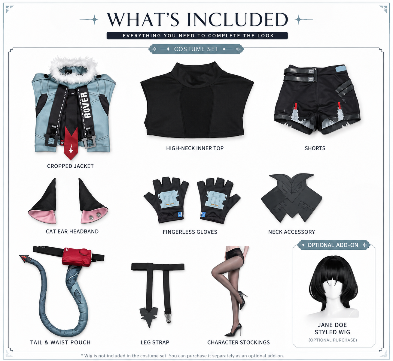 Jane Doe cosplay package contents from Zenless Zone Zero showing cropped jacket, high-neck inner top, shorts, cat ear headband, fingerless gloves, neck accessory, tail and waist pouch, leg strap, stockings and optional wig.